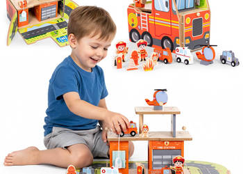 Drewniany garaż zestaw straży pożarnej 2w1 - remiza i wóz 2 piętra figurki…