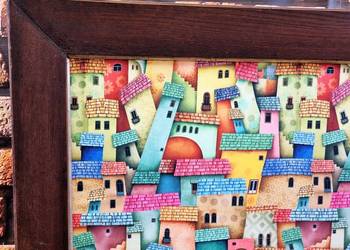 Obraz vintage na welurze | kolorowe domki | stara rama | retro dekoracja