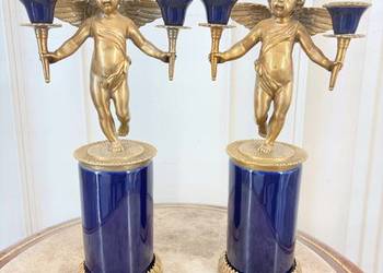 2 Granatowe Świeczniki Porcelana + Brąz - Amory Anioły - Kobaltowe