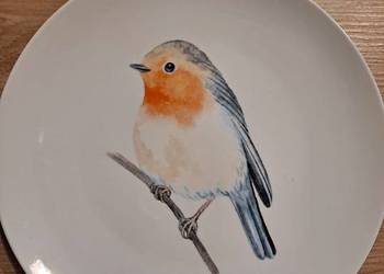 Talerz dekoracyjny wiszący z ptakiem Rudzik