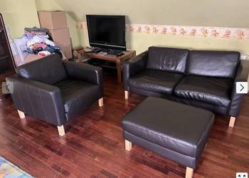 Ikea komplet wypoczynkowy ze skory naturalnej sofa, fotel i podnozek