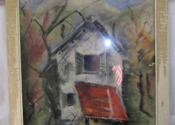 obraz vintage Domek z zielonymi okiennicami pastele 1956r_60