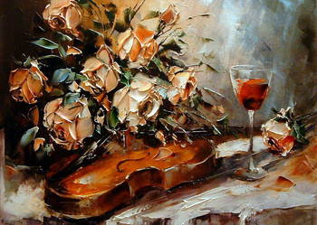 Kowalik - Skrzypce i róże II - 50x40cm Obraz Olejny Martwa Natura