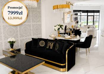 Ekskluzywna sofa czarna 3 osobowa złota kanapa glamour