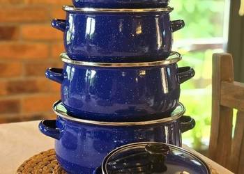 Promocja 79 zł   Garnki emaliowane niebieskie kropki