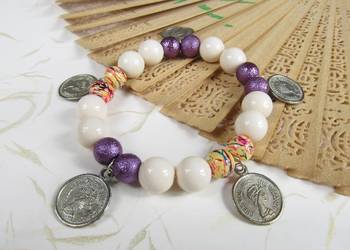 Bransoletka biały fioletowy kolorowy zawieszka eko handmade