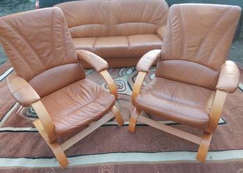 Kanapa skorzana brazowa 2 fotele ekoskóra wersalka sofa