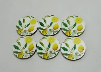 Podkładki pod kubki szklanki drewna mango emalia cytryny 6 sztuk nowa 10 cm