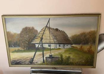 Piękny stary obraz olejny – Wiejska chata ze strzechą i żurawiem, w złotej