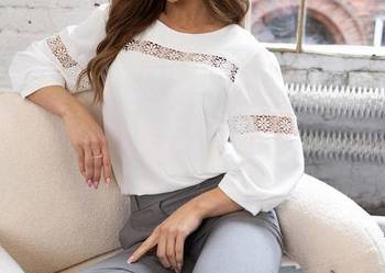 Bluzka damska biała z koronką elegancka wieczorowa rozm 38 biust 100 cm