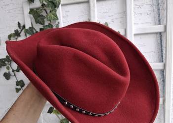 Bordowy kapelusz M kowbojski Renegade Diamonte wełna country boho