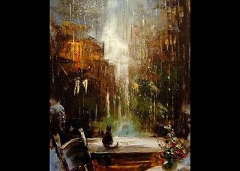 Kowalik - Miasto w deszczu - 40x50cm Obraz Olejny Szpachelka Kotek