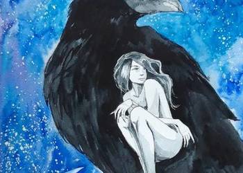 "PRZEMIANA" akwarela artystki Adriany Laube - kobieta, kruk