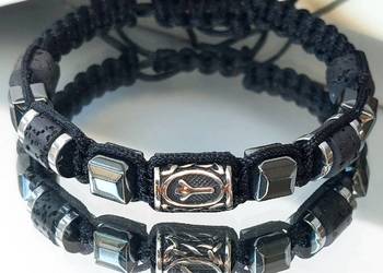 BRANSOLETKA RUNA ALGIZ STAL SZLACHETNA 316L KAMIEŃ LAWA MĘSKA 18cm UNIKAT