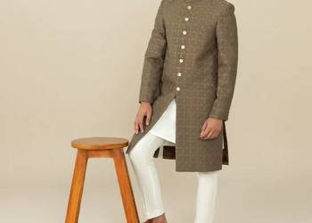 Indyjskie męskie sherwani elegancki płaszcz haft stójka brąz khaki L