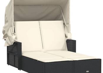 Podwójna leżanka z zadaszeniem i poduszkami, czarna, polirattan(365806)