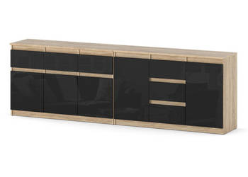 Komoda Pojemna Szafka 6 Szuflad 240cm Salon Sypialnia Sonoma Czarny Połysk