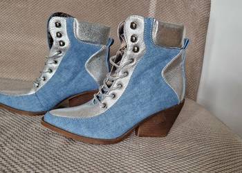 botki wiązane r 38 jeans jeansowe niebieskie srebrne szpic kowbojki