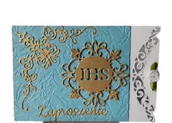 Zaproszenia Komunia Chłopiec Ihs Z Koronką – C6 – Niebieski – Biel – Złoto