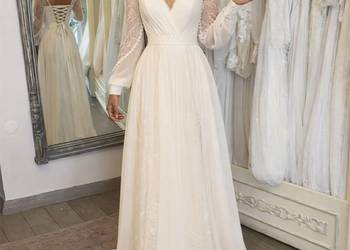 Suknia ślubna wiązana boho ivory rękawy koronkowe wstawki 40 L, 48 4XL