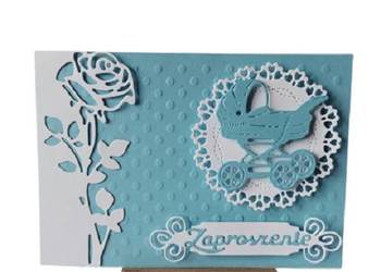 ZAPROSZENIA CHRZEST ŚWIĘTY WÓZEK W SERWETCE C6 BŁĘKIT - BIEL