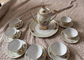 Serwis kawowy Chodzież 7 osób PRL - filiżanki + dzbanek, złocenia