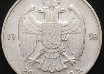 JUGOSŁAWIA 20 DINAR 1938 - PIOTR II - SREBRO