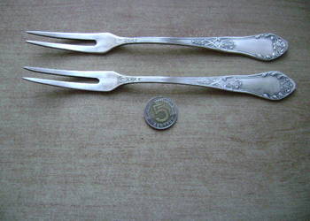 Starocie z PRL Stare sztućce posrebrzane Hefra = Zestaw 2 widelce do wędlin