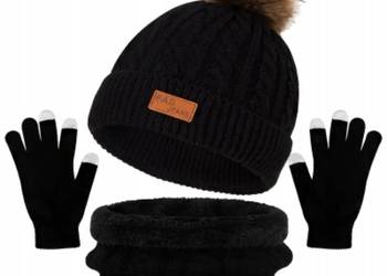 Komplet CZAPKA KOMIN SZAL rękawiczki CIEPŁY DAMSKI ZESTAW ZIMOWY