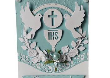 ZAPROSZENIA KOMUNIA CHŁOPIEC KIELICH Z HOSTIĄ GOŁĘBIE – B6 – BŁĘKIT – BIEL