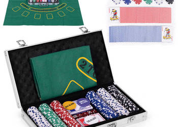 Zestaw do pokera blackjacka 300 żetonów 2 talie kart kości mata do gry zam…