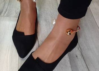 (39/40) Czarne, Bogato zdobione perłami baleriny wieczorowe, NOWE