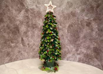 Choinka świąteczna (złoto-czerwona, rękodzieło, LED, 40 cm)