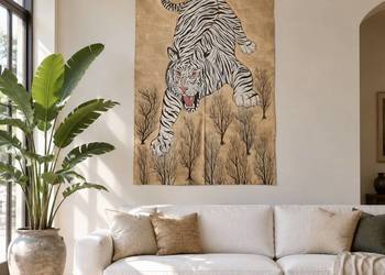 Bialy tygrys 183x122 cm, recznie malowane plotno z Indii. Unikat!