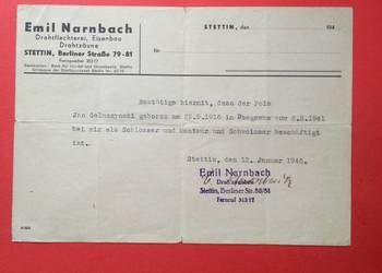 ( 1955 ) Pismo Niemieckie O Pracy u E. Narnbach, Gałuszyński