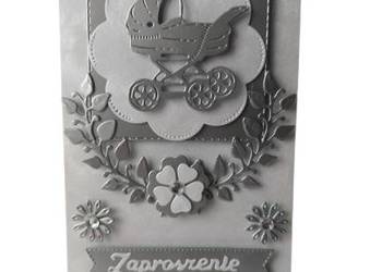 Zaproszenia Chrzest Święty Wózek W Serwetce Liście C6 Srebro