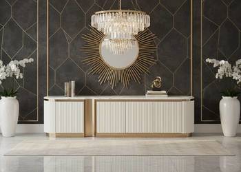 Ryflowana szafka RTV złota biała z blatem marmurowym 200x40x50