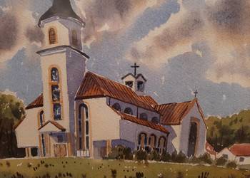 kościół NPM Królowej Świata w Wiśniowej.akwarela 20x30 ramka 32x42