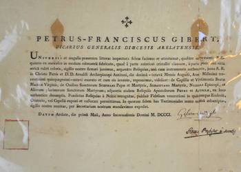 Certyfikat autentyczności relikwii z Arelate Francja 1801r