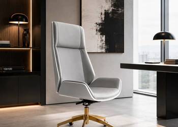 Fotel biurowy glamour biało-szary ze złotą podstawą Luxury Premium