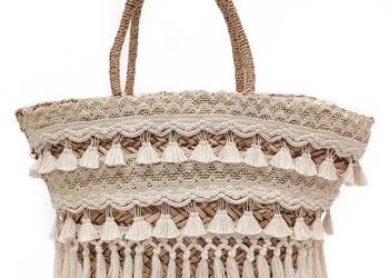 Torebka Koszyk Boho z Trawy Morskiej Duża Pleciona Plażowa z Frędzlami Vege