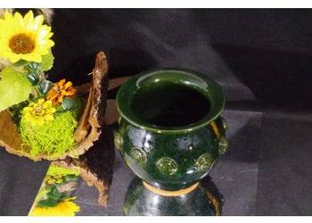 Ceramiczna donica osłonka zielona ręcznie zdobiona spirale vintage