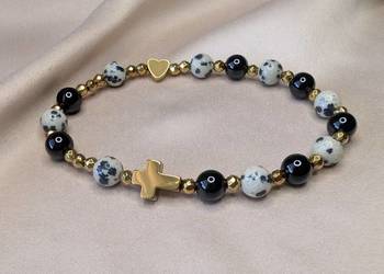 Bransoletka różaniec kamienie jaspis dalmatyński onyks krzyżyk serduszko