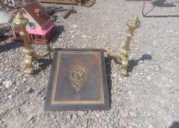 Kominek Płyta kominkowa Empire i Pieski boczne Mosiądz cyzelowany XIXw.