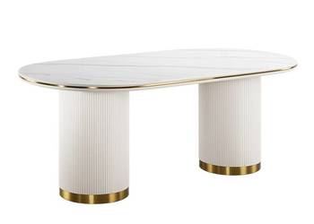 Stół owalny ryflowany 180x90 ecru marmurowy blat nowoczesny salon jadalnia