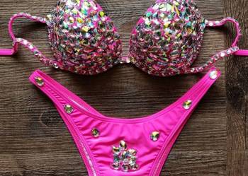 Bikini strój kąpielowy neon różowy cyrkonie kamienie kryształki holo