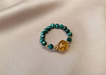 Pierścionek elastyczny kamienie naturalne bursztyn malachit srebro