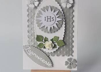 ZAPROSZENIA KOMUNIA UNIWERSALNE IHS SŁONECZKO KIELICH C6 SREBRO – BIEL