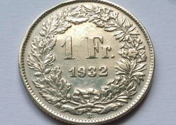 SZWAJCARIA 1 Frank 1932 SREBRO, rzadka z nakładem 500tyś!