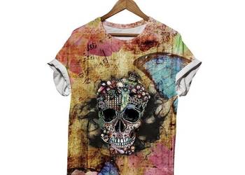 Damska koszulka oversize XL kolorowy nadruk czaszka